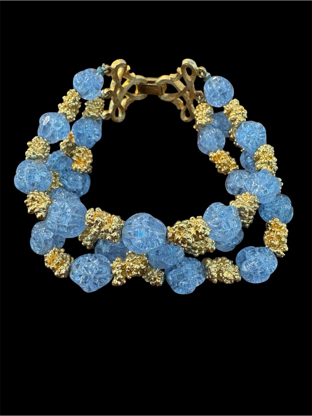 Crown Trifari Vintage Gold & Light Blue Crackle Glass Bracelet - Women's Jewelry